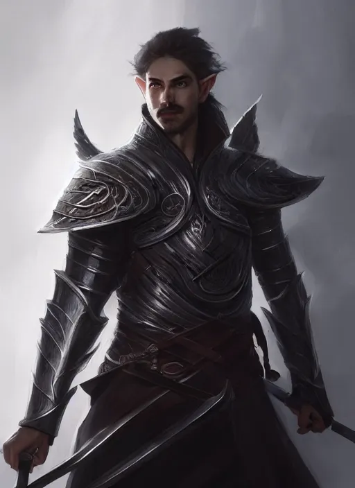 Image similar to Half-body portrait of a handsome elven knight with black facial hair. Swords are levitating beside him. In style of Hyung-tae Kim and Greg Rutkowski, concept art, trending on ArtStation, Korean MMORPG, over-detailed art, 8K, epic, dynamic lightning, dramatic pose.