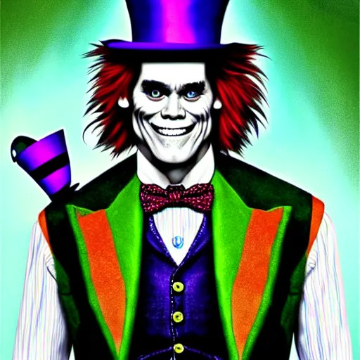 Image similar to Jim Carrey as mad hatter. epic game portrait. Highly detailed. D&D art by Michelangelo