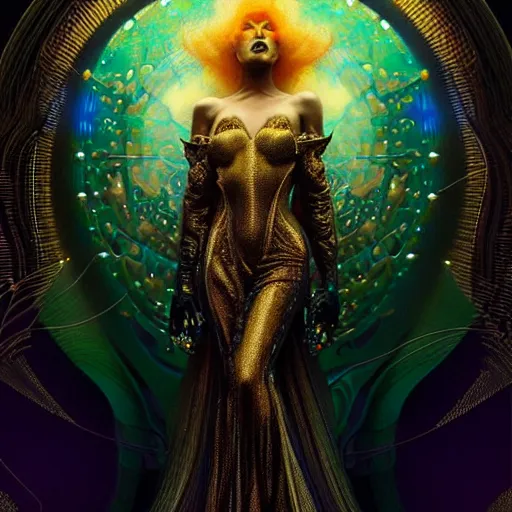 Prompt: extremely psychedelic beautiful cyborg queen of lsd infected by night. intricate, elegant, highly detailed, extremely lifelike photorealistic digital painting, artstation. steichen, gaston bussiere, tom bagshaw, cyberpunk alphonse mucha. elegant minimalism. anatomically correct. sultry murderous rage. sharp focus. gold and black lush hallucination. lifelike
