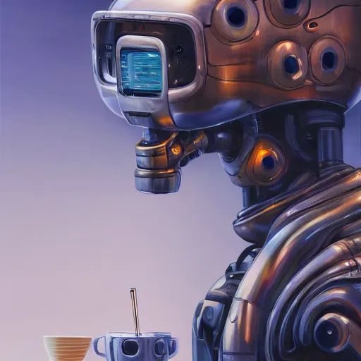 Image similar to soulful oil painting highly detailed futuristic robot serving a cup of coffee, by simon stalenhaag, by laurie greasley, high depth of field, fresh colors, coffee beans, coffee, steam, hyperdetailed, hyperrealistic, moody light, 3 d octane render, 4 k, volumetric lights, smooth, cosy atmosphere, artstation!