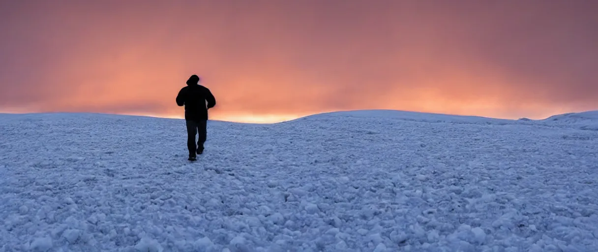Image similar to a high quality color extreme closeup depth of field creepy hd 4 k film 3 5 mm photograph of the faint barely visible silhouette of a bulky man walking away from a blizzard into a clear desolate snow field with the golden sunset antarctica sky in the distance