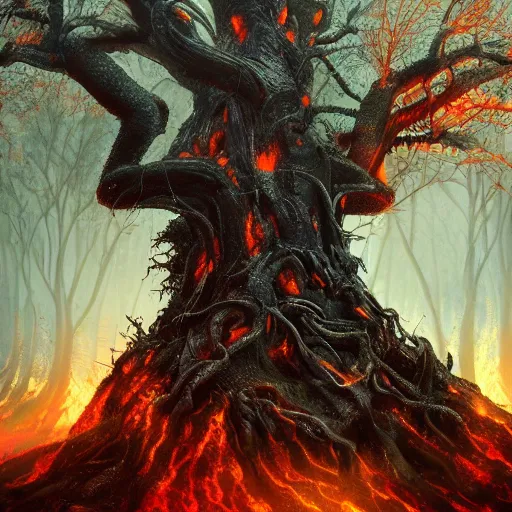 Image similar to tree of pain in a forest of fire, immense structure, hyperrealist, breathtaking, award - winning, groundbreaking, cinematic, dramatic, concept art, fan art, dark fantasy, lovecraft horror, intricate, digital art, zoomorphic, alien, 8 k, trending on artstation