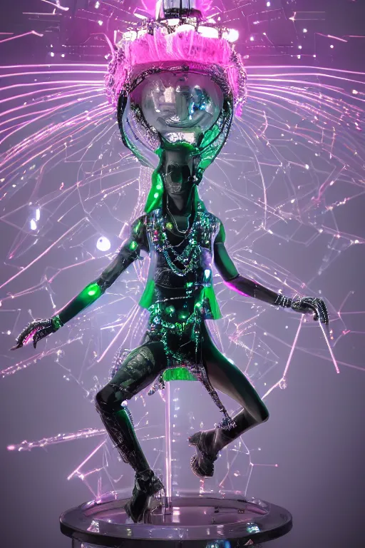 Image similar to full-body rococo and cyberpunk style crystal quartz sculpture of a young handsome seductive Cuban android gogo dancer reaching for the sky, glowing pink laser eyes, crown of white gears and diamonds, swirling green-colored silk fabric. futuristic elements. full-length view. intricate artwork by caravaggio. Trending on artstation, octane render, cinematic lighting from the right, hyper realism, octane render, 8k, depth of field, 3D
