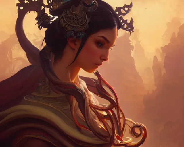 Image similar to photography of ita? jakucha «, deep focus, d & d, fantasy, intricate, elegant, highly detailed, digital painting, artstation, concept art, matte, sharp focus, illustration, hearthstone, art by artgerm and greg rutkowski and alphonse mucha