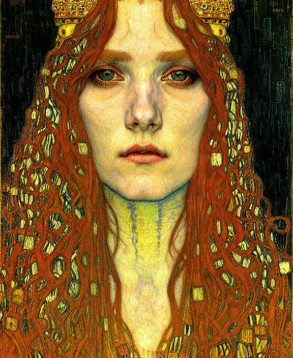 Image similar to detailed realistic beautiful young medieval queen face portrait by jean delville, gustav klimt and vincent van gogh, art nouveau, symbolist, visionary, gothic, pre - raphaelite, muted earthy colors, desaturated