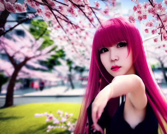 Image similar to selfie of an japanese gyaru with beautiful face and modern clothes, sakura blooming in the background, bokeh, depth of field, dramatic lighting, cinematic, vivid colors, matte painting, vivid color scheme, trending on artstation, unreal engine