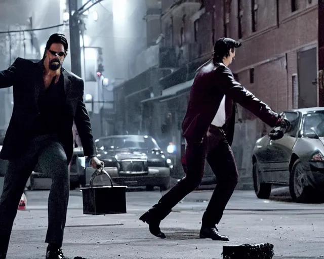 Image similar to mafioso ( joe manganiello ) throws a manhole cover at some vampires ; action scene from the modern hbo mini series / the outfit /, a supernatural mafia crime thriller about magical monster - hunting mafiosi in philadelphia, hd 8 k film photography, with modern supernatural horror aesthetic.