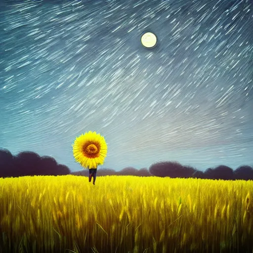 Image similar to giant daisy flowers as a head, girl walking in wheat field, hills, surreal photography, moon light, dark night, star trails, dramatic light, impressionist painting, clouds, digital painting, artstation, simon stalenhag