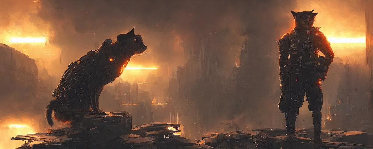 Image similar to a futuristic cyberpunk cat soldier in war scene, epic scene, big explosion, by greg rutkowski