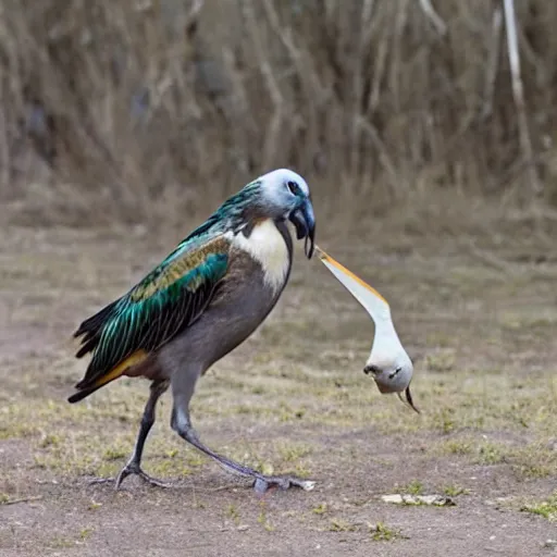 Prompt: enormous bird stealing food from person