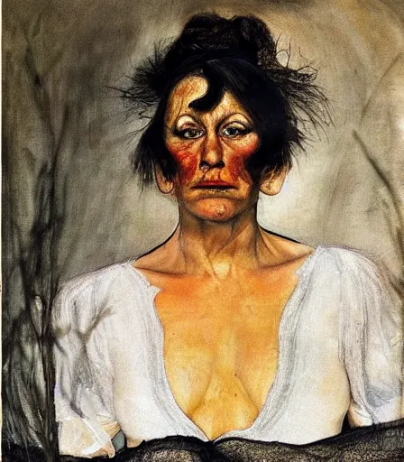 Image similar to a high quality, high detail, portrait of a drag queen by andrew wyeth and lucian freud, moody, melancholic