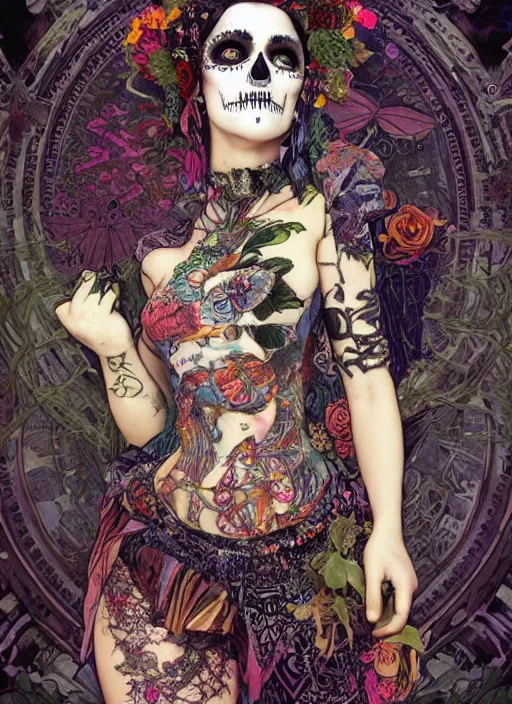 Image similar to cute punk goth fashion fractal Día de los Muertos tattooed girl posing in goth outfit by Zhang Jingna, psychedelic poster art of by Victor Moscoso Rick Griffin Alphonse Mucha Gustav Klimt Ayami Kojima Amano Charlie Bowater, masterpiece