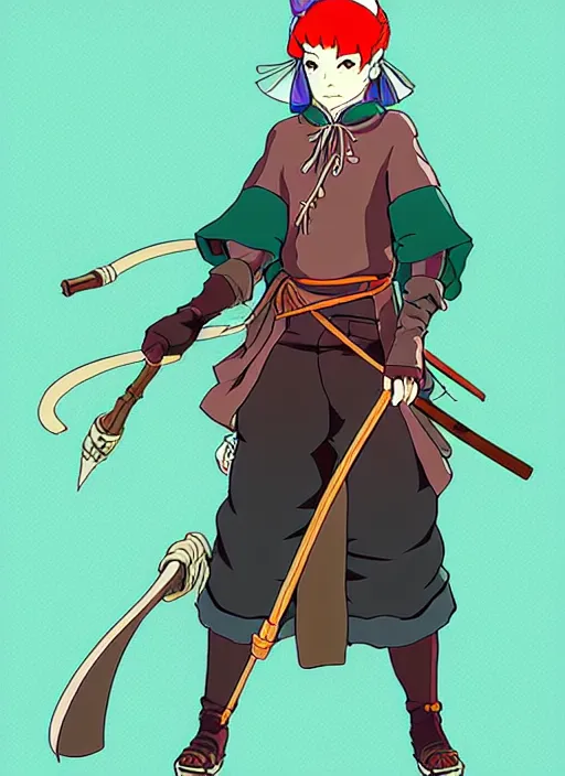 Image similar to cel - shaded anime character, full body design of an evil mountain bandit in the style of studio ghibli, moebius, ayami kojima, atelier lulua, clean linework