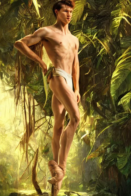 Prompt: stunningly handsome, male ballet dancer in jungle, symmetrical face, golden hour, smooth, focus, highly detailed, hyper realistic, dramatic lighting, elegant, intricate, concept art, art by wlop, mars ravelo, greg rutowski, artstation