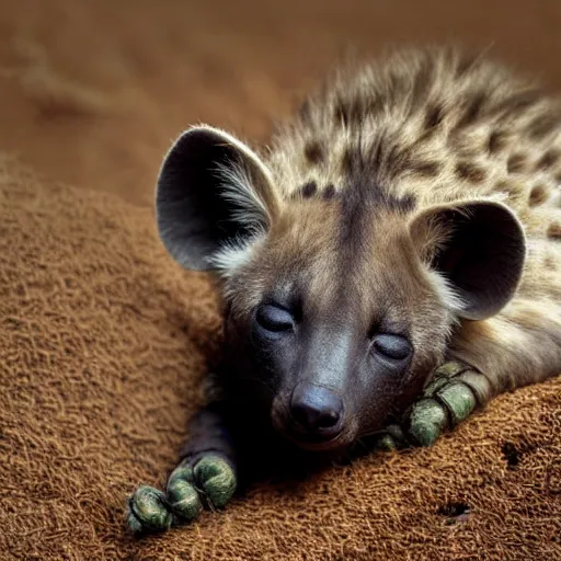 Prompt: very cute baby hyena sleeping, warm, cozy, realistic photograph, detailed