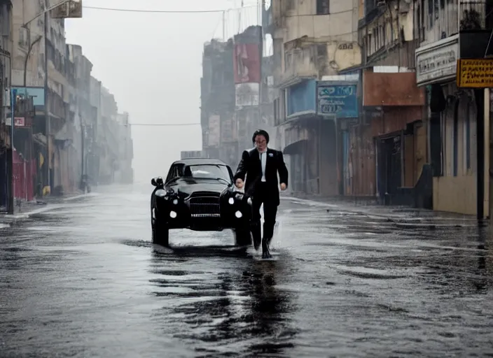 Image similar to first official image from bond 2 6, starring adam driver as agent 0 0 7, riding a shark through the streets of valparaiso, chile in heavy rain. directed by alejandro inarritu. stunning cinematography, kodak vision 2 0 0 t, high contrast, anamorphic lens, chromatic aberration.