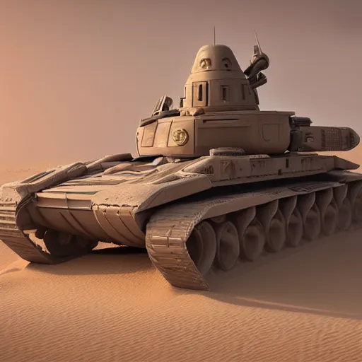 Prompt: futuristic tank in the dunes of desert by Yaroslav Kononenko, atmospherical, sand storm, concept art, high detail, sci-fi, cinematic, Artstation trending, octane render