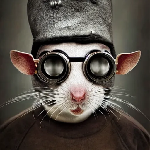 Prompt: a rat with steampunk googles, by Gottfried Helnwein