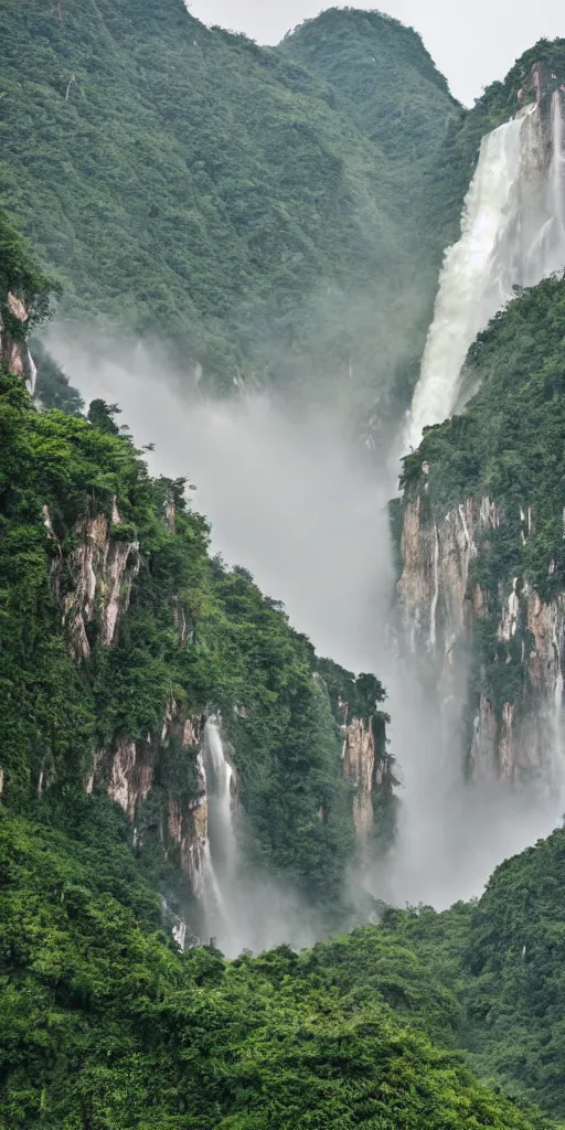 Prompt: a Cloudy peak in southern China with one waterfall, the style of National Geographic magazine