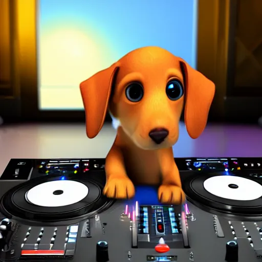 Image similar to puppy as a happy DJ, 8k, by Pixar