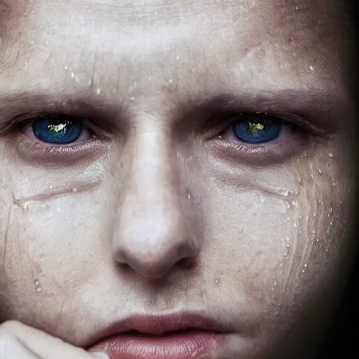 Image similar to portrait photography of women with tears in eyes by annie leibovitz, deep emotions, perfect facial symmetry, dim volumetric cinematic lighting, 8 k, post - processing, extremely hyper - detailed, intricate, epic composition, masterpiece, stunning,