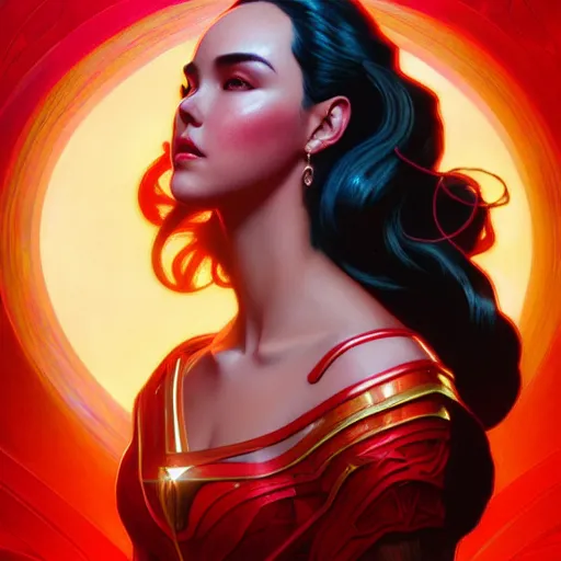 Image similar to catriona gray as darna, volumetric lights, red and cyan theme, art nouveau botanicals, intricate, highly detailed, digital painting, artstation, concept art, smooth, sharp focus, cinematic, illustration, beautiful face, art by artgerm and greg rutkowski and alphonse mucha