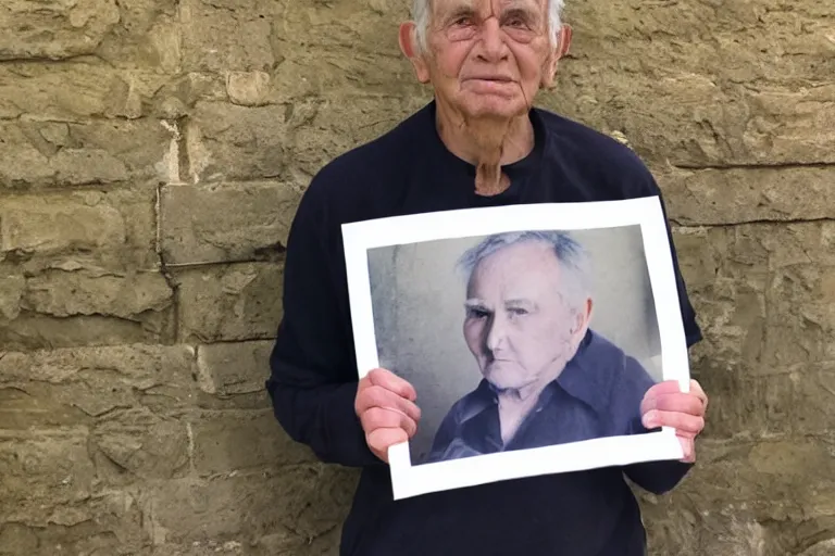 Image similar to young man holding a photograph of him as a old man