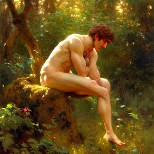 Image similar to attractive male fairy with wings in the forest, posing. highly detailed painting by gaston bussiere, craig mullins, j. c. leyendecker, 8 k