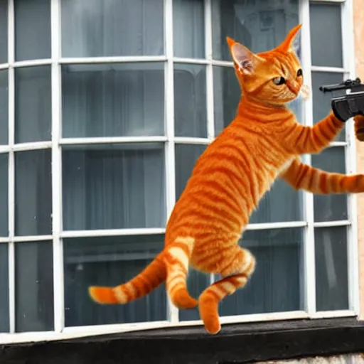 Image similar to orange tabby cat dual wielding AK-47s, while jumping backward out a window