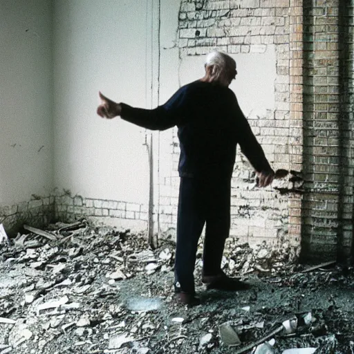 Image similar to an old man shaking hands with a skeleton in an abandoned building, liminal, gothic, eerie, intricate, detailed, award winning photograph, cinestill 8 0 0 t,