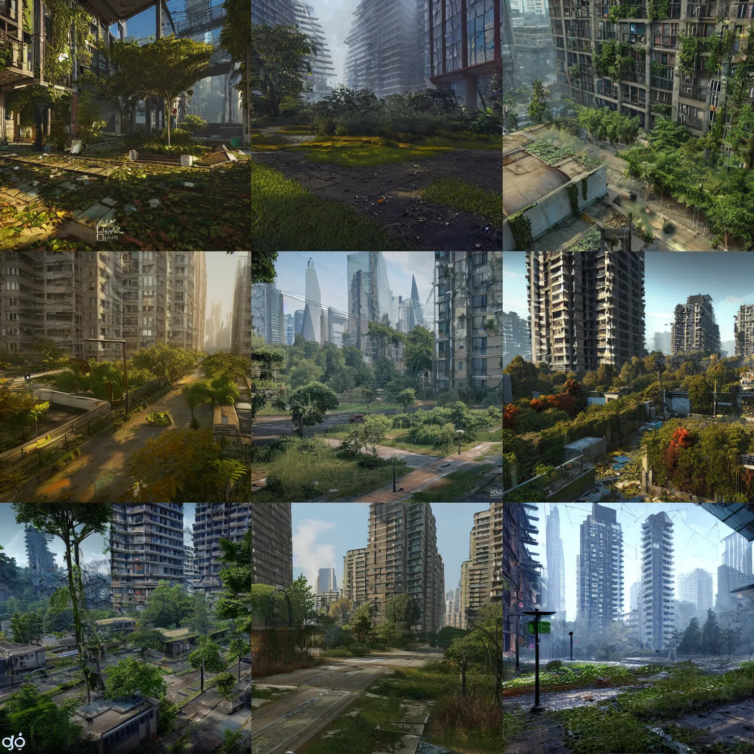 Prompt: abandoned cityscape, covered in leaves and plants, large apartment blocks, detailed, solarpunk, unreal engine 5 environment, raytracing, 8k, trending on artstation