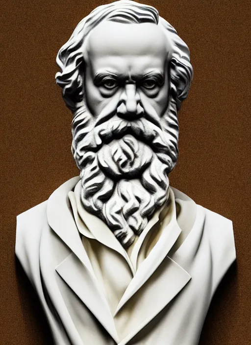 Image similar to a statue made of white marble with gold veins, of karl marx, transhumanism, full body shot, perfect symmetrical body, perfect symmetrical face, hyper realistic, hyper detailed, by johannen voss, by peter kemp, by monia merlo, by michelangelo, by ernst haeckel, by alex grey, octane render, blender, 8 k