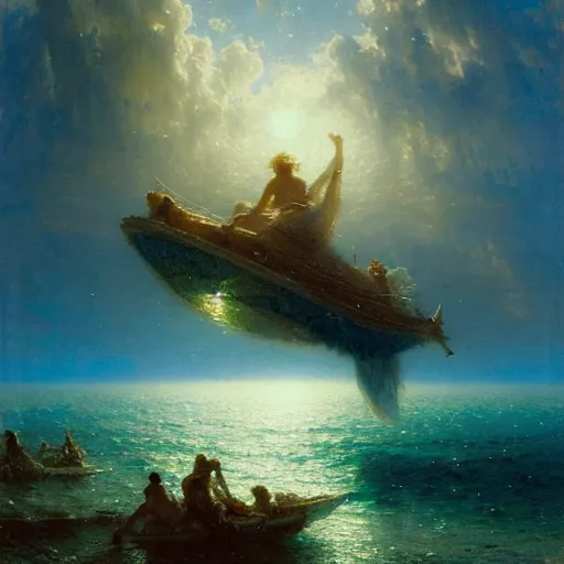 Image similar to point of view, you are deep in the ocean looking up, you see fishes, flora and fauna, higher you see the splendorous milk way illuminating the sea. highly detailed painting by gaston bussiere, greg rutkowski 8 k