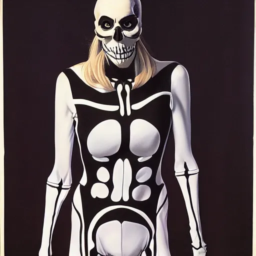 Prompt: portrait of a woman, wearing a skeleton catsuit, by alex ross and norman rockwell.