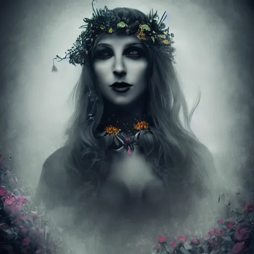 Image similar to A portrait of a Gothic goddess of floral jewels in an empty land, dark and mysterious, lively atmospheric, cinematic, volumetric lighting, 8k, 4k, ultra detail, ultra-realistic, rendered by DeviantArt