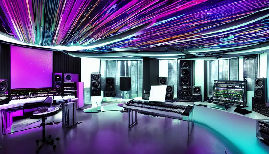 Prompt: A futuristic magazine architecture photo of a music studio in fhloston paradise , refracted lines and sparkles, hyperrealistic 8k uhd, award-winning,