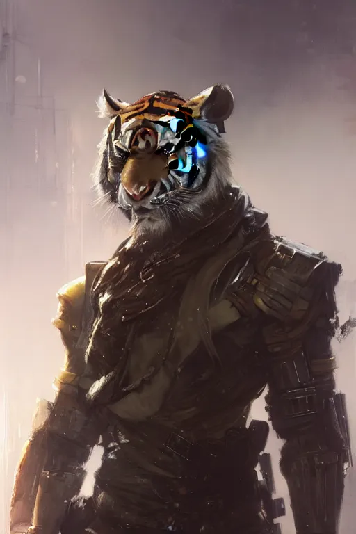 Image similar to portrait male anthro tiger dressed in military clothes character full body precis no blur, concept art, character sheet, nier automata, gaston bussiere, greg rutkowski, tsutomu nihei, cyberpunk, trending on artstation, featured on pixiv, hyper detail, cinematic composition, 8 k, detailed face