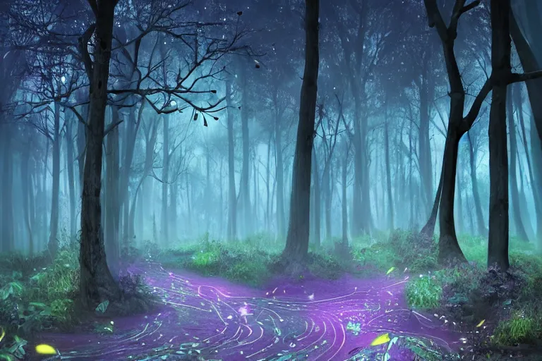 Image similar to ancient magical forest, tall purple and pink trees, moonlit, winding path lined with bioluminescent mushrooms, fireflies, pale blue fog, mysterious, eyes in the trees, cinematic lighting, photorealism