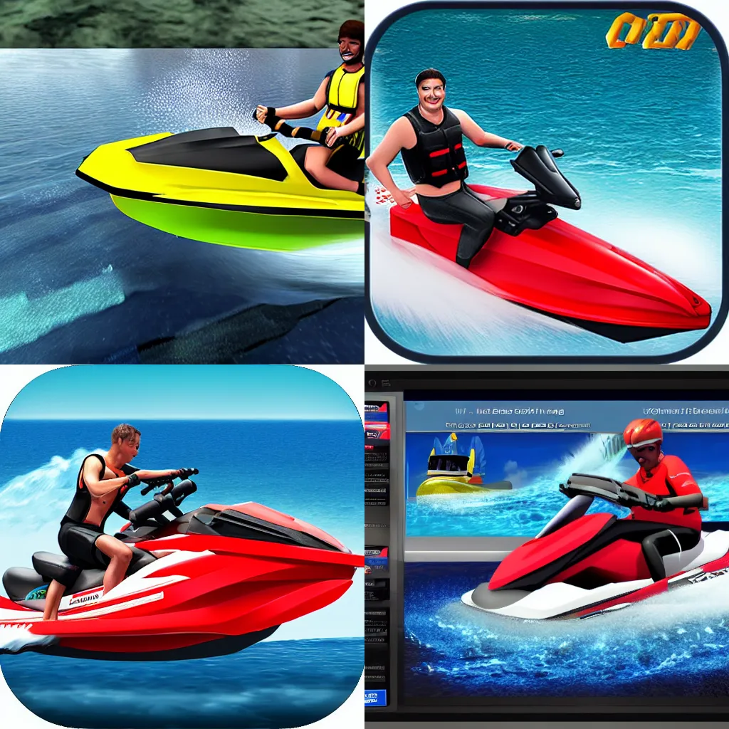 Prompt: top boat racing simulator, man on jetski