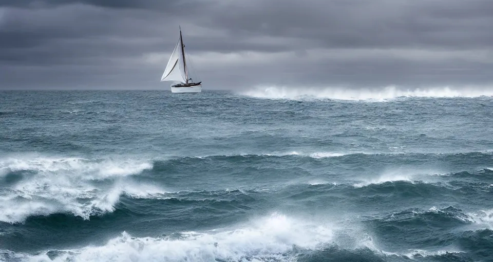 Prompt: ocean landscape with stormy waves and a sailboat in the foreground and a shining island in the background