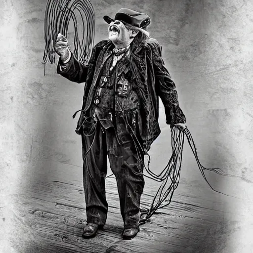 Prompt: Old wrinkled man laughing in steampunk outfit, attached to wires. Dark, intricate, highly detailed, smooth, in style of Stanislav Vovchuk