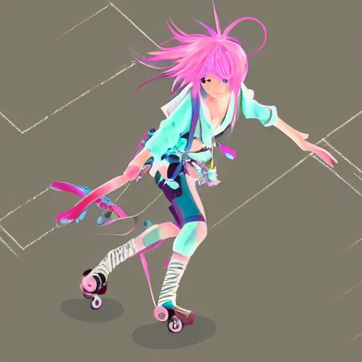 Prompt: bohemian traveler cyber scifi steppe magical girl character energy roller hoverskating, pink blonde hair, 2 d final fantasy, makoto shinkai, akira, tekkonkinkreet, concept art, in detailed realistic anime style