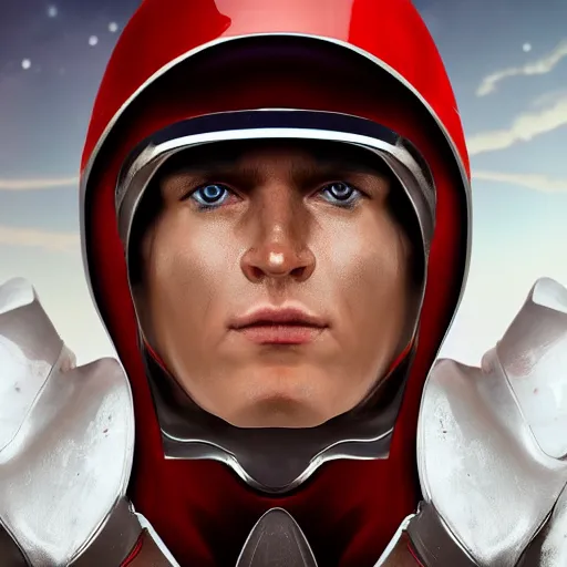 Image similar to headshot of a tall athletic muscular infantry man in glossy sleek white armor with tiny red details and a long red cape, heroic posture, strong jawline, on the surface of mars, night time, dramatic lighting, cinematic, sci-fi, hyperrealistic