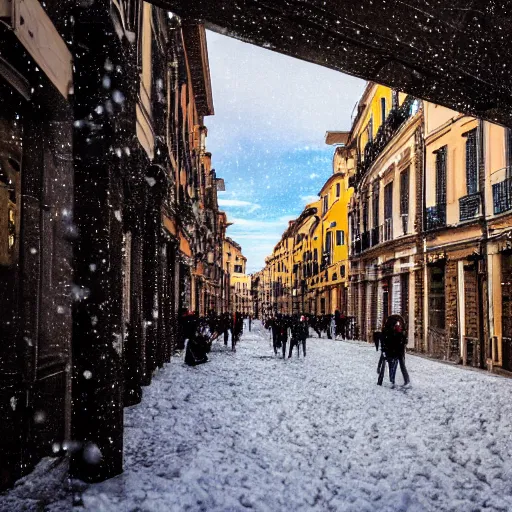 Image similar to The city of Rome under the snow on August. It's snowing everywhere on the entire cityscape of Rome under a blue sky and a very hot sun. It's crazy hot with red hot flames and fire everywhere but also very big snowflakes. People walk wearing swimsuits, tee shirts and shirt dresses and are very puzzled.