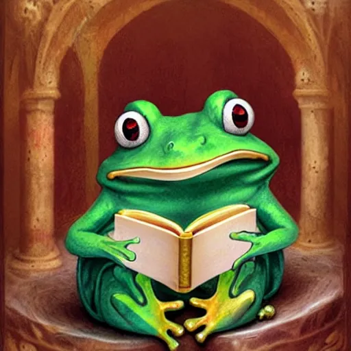 Image similar to a frog monk cleric reading his book, fantasy concept art by nicoletta ceccoli, mark ryden, lostfish, max fleischer