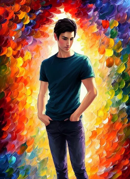 Image similar to handsome young man with short black hair, male, full detailed clothing, half body shot, arms down, path traced, highly detailed, high quality, digital painting, alena aenami, leonid afremov, lilia alvarado, shinji aramaki, karol bak, alphonse mucha, tom bagshaw