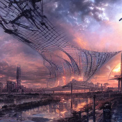 Prompt: bio-futurism, utopian city,differential growth,beautiful sunset,panoramic,luis royo,photorealistic,detailed