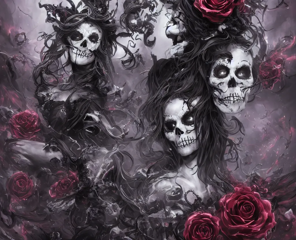 Image similar to a chaotic goddess of death skull black rose s day of the dead atmospheric, dramatic, concept art by a professional manga illustrator, Stanley Artgerm Lau, WLOP, Rossdraws, James Jean, Andrei Riabovitchev, Marc Simonetti, and Sakimichan hyperrealist, cinema4D, 8k highly detailed ❤️‍🔥 🔥 💀 🤖 🚀