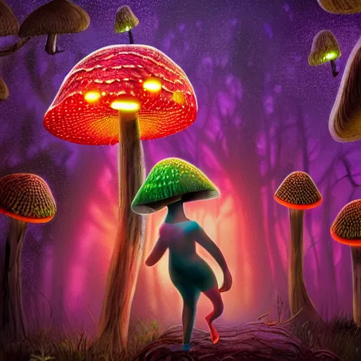 Prompt: mushroom woman, dark skinned, fireflies, vivid colours, in a forest, ultra realistic