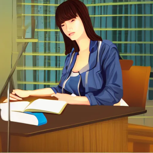 Image similar to hyperrealistic rendition of lo-fi girl sitting at a desk studying